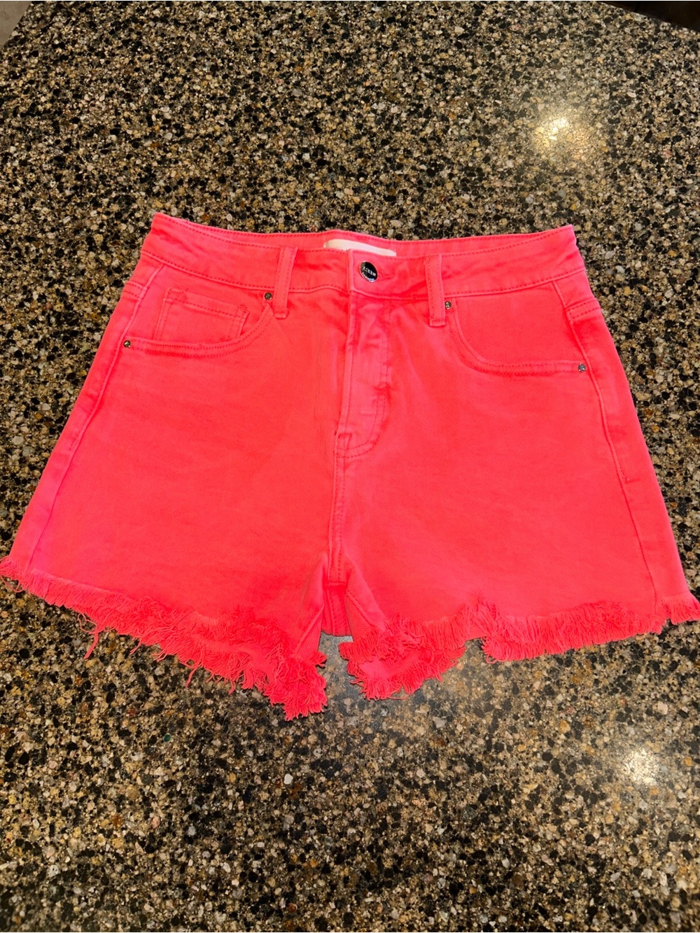 Risen Neon Orange High-Rise Frayed Hem Jean Shorts - Picture 4 of 6